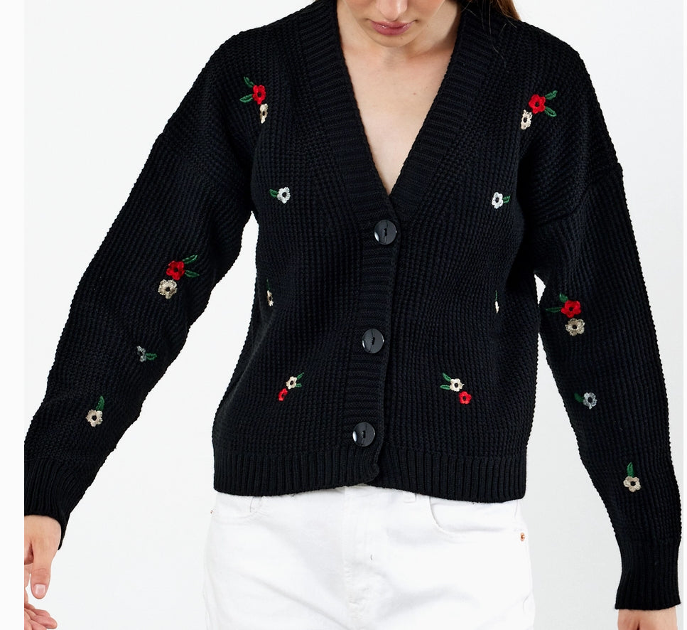 Flower Embroidered Knit Cardigan