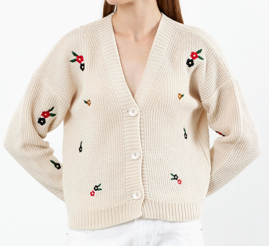 Flower Embroidered Knit Cardigan